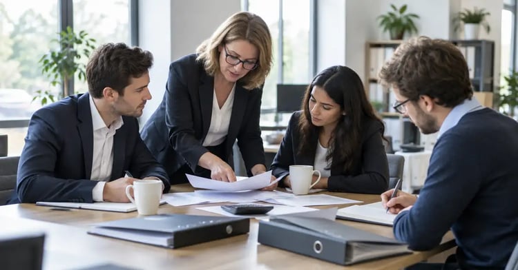 A senior accountant walking three finance colleagues through printed working papers around an office desk