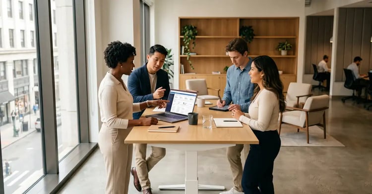Professional sales team collaborating around a standing desk reviewing CRM dashboard in a modern office