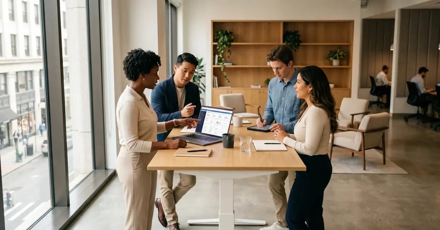 Professional sales team collaborating around a standing desk reviewing CRM dashboard in a modern office