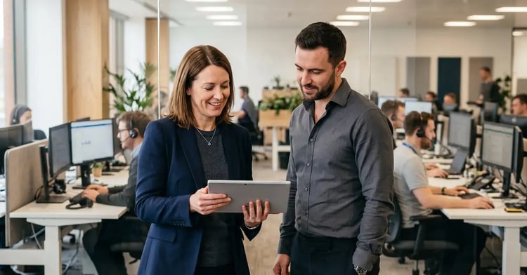 An IT service delivery manager and a colleague reviewing a service desk transition plan on a tablet, with an open-plan support floor behind them