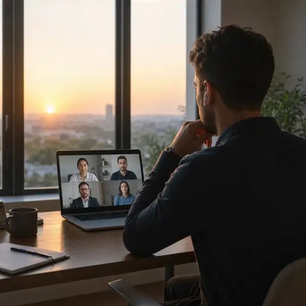 A professional on an early morning video call in warm sunrise light, illustrating time-zone overlap