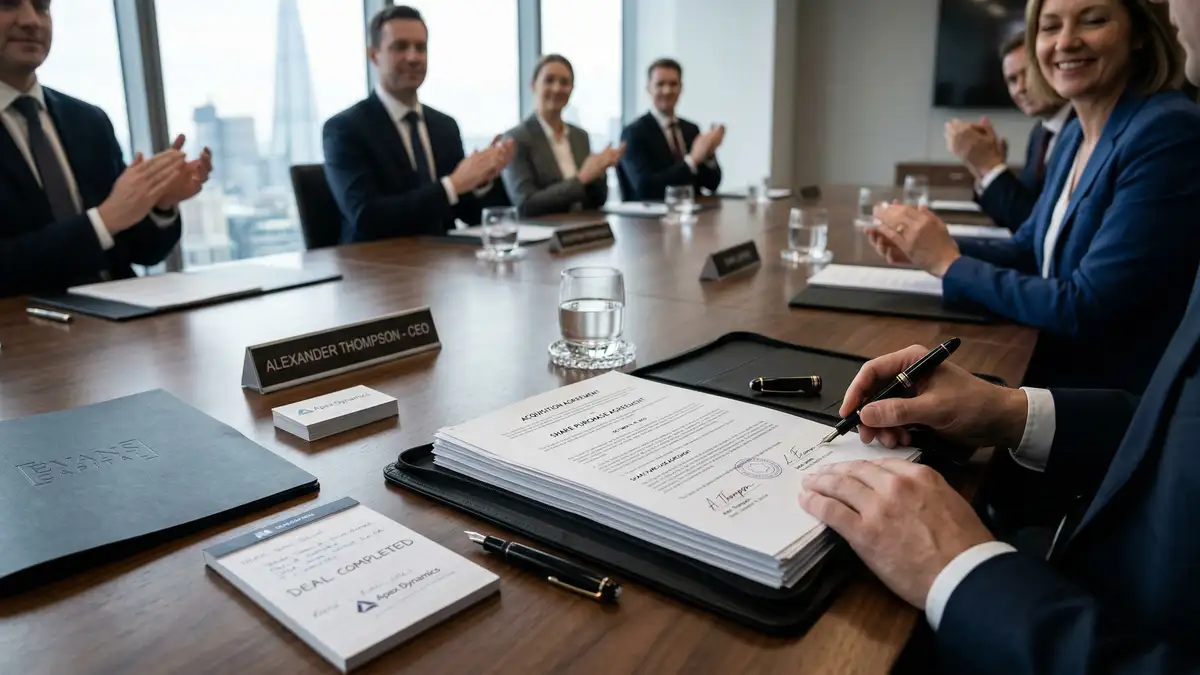 Signed acquisition agreement documents and legal papers on executive boardroom table with fountain pen, glass of water, and corporate stationery, deal completion ceremony setup