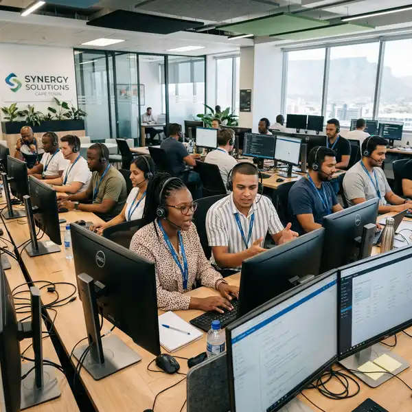 Diverse Cape Town software development and customer service team wearing headsets working at modern open-plan office with multiple monitors, professional collaborative environment