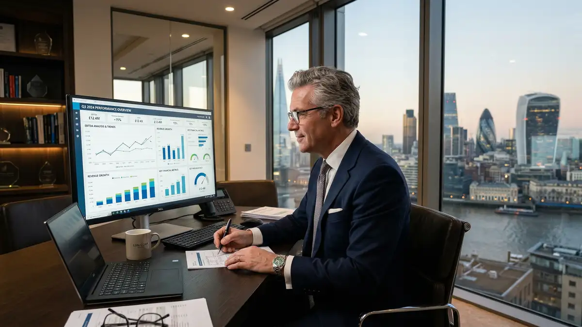 Confident UK CEO in his 50s reviewing financial dashboard and EBITDA charts in professional London office overlooking city skyline, sophisticated analytics interface