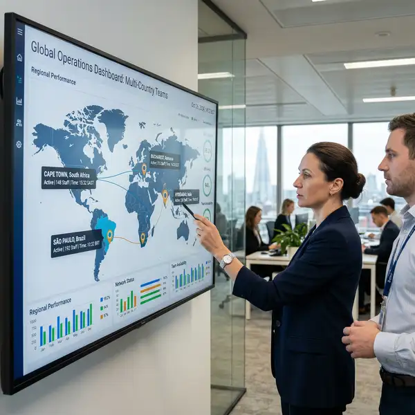 Operations director reviewing multi-country team location dashboard showing global operations across South Africa Cape Town, Bucharest Romania, Hyderabad India, and Sao Paulo Brazil, world map with hub locations