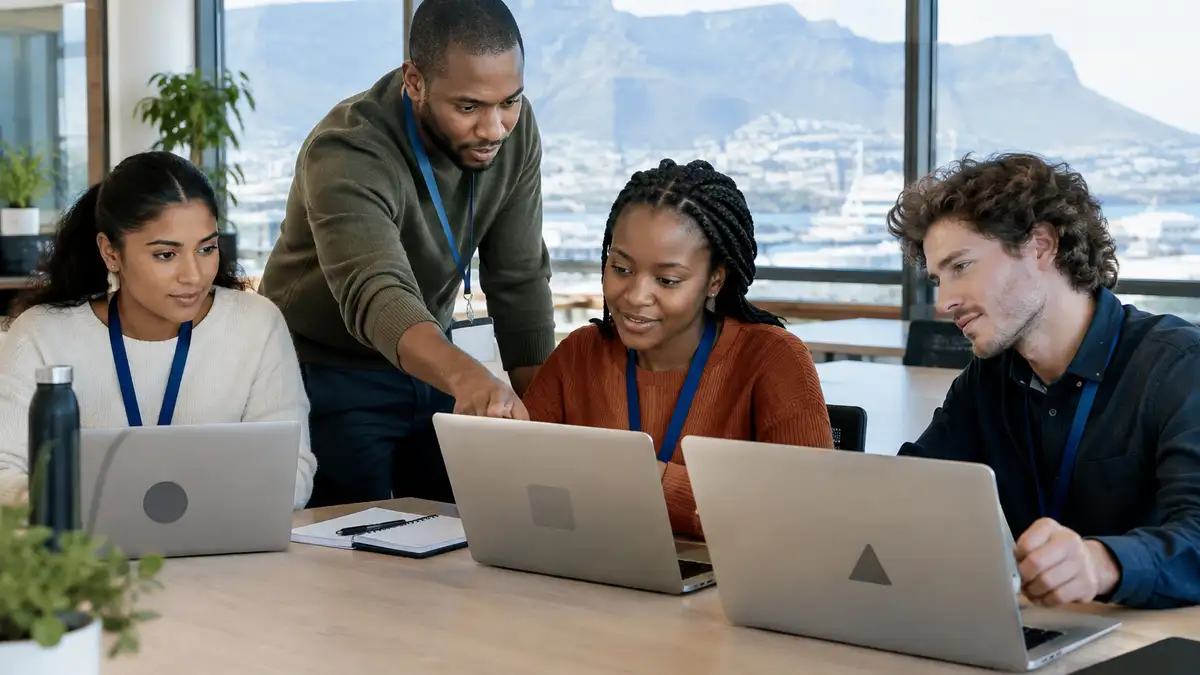 Team lead in a Cape Town office guiding new team members through security and data-handling training on company laptops during onboarding