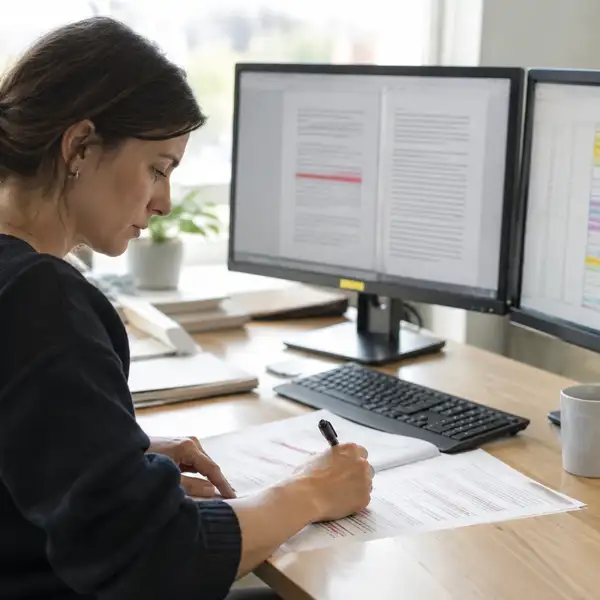 Analyst checking an AI-drafted report against the original source documents and marking a discrepancy, the human review step an AI governance framework should build in