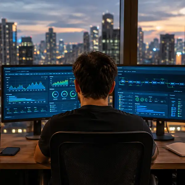 DevOps engineer in an offshore office monitoring data pipeline status and system health dashboards on two screens