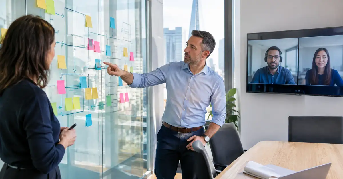 UK operations director and finance lead mapping how their finance, CRM and operations systems connect on a glass wall, with two offshore data team colleagues on a video call