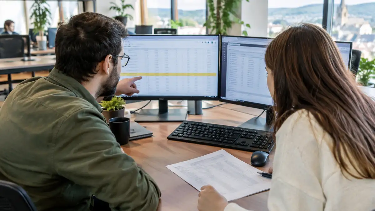 QA engineer and data analyst in an offshore office checking the output of an automated invoice workflow on two monitors against a printed test checklist