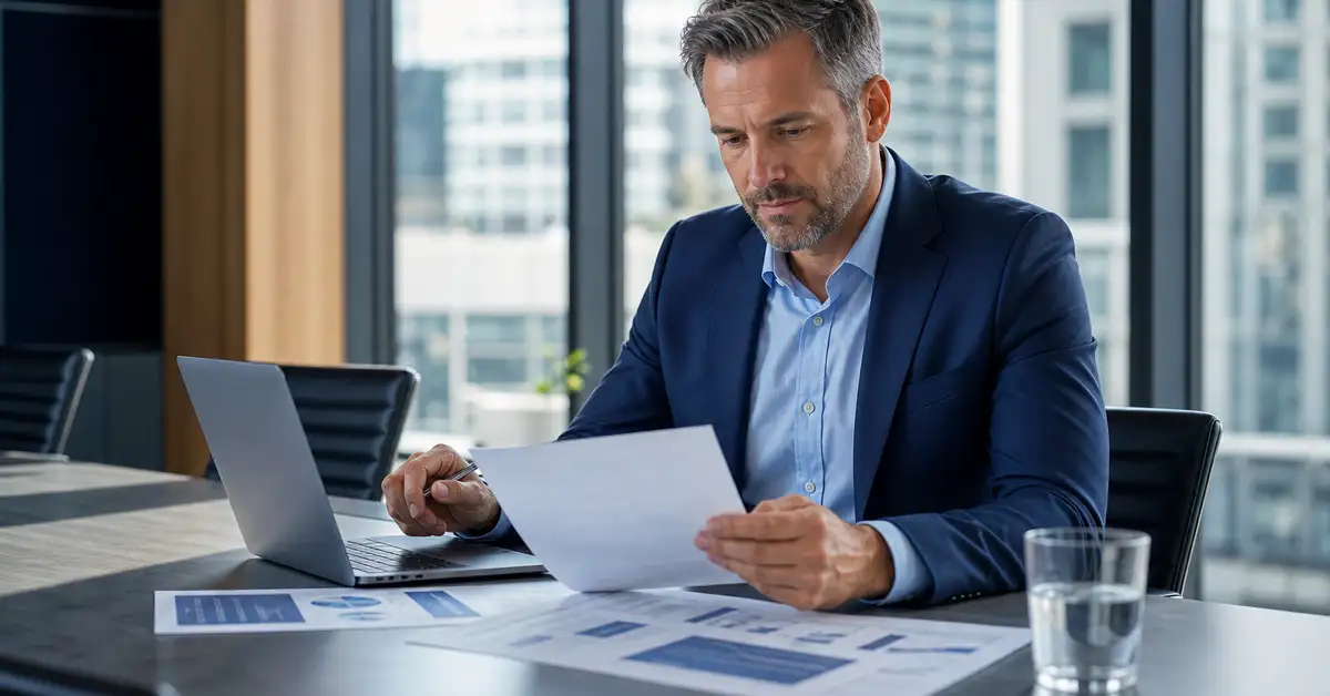 A UK operations director reviewing a service contract and cost figures in a modern boardroom