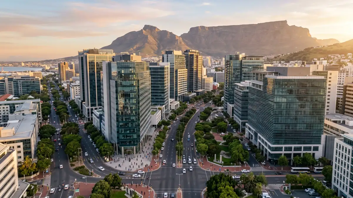 Cape Town tech district with modern glass office buildings and professional networking event with diverse software engineers