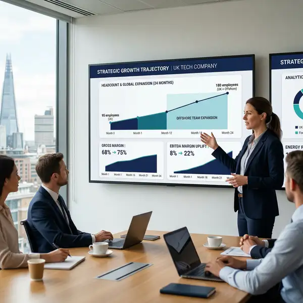 Strategic growth graph showing UK tech company scaling from 95 to 180 employees with gross margin increasing from 68 percent to 75 percent and EBITDA from 8 percent to 22 percent