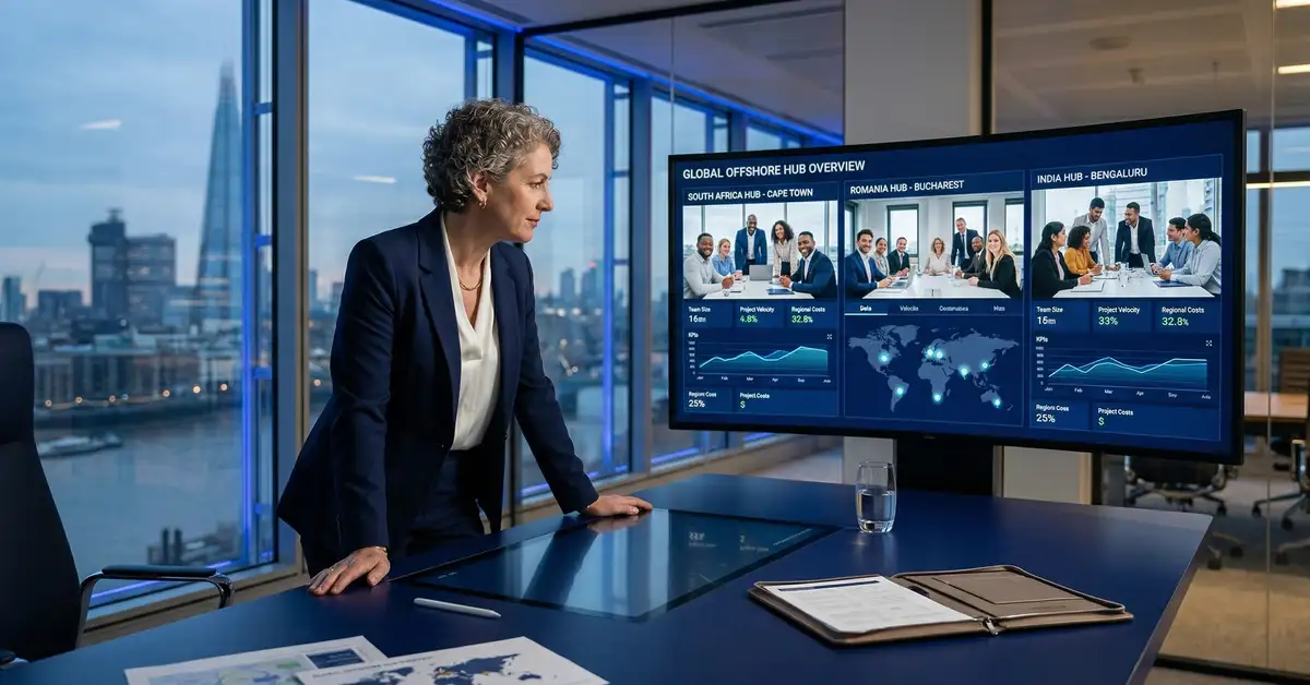 CEO reviewing offshore team strategy dashboard in modern London office with global hub locations displayed on screen