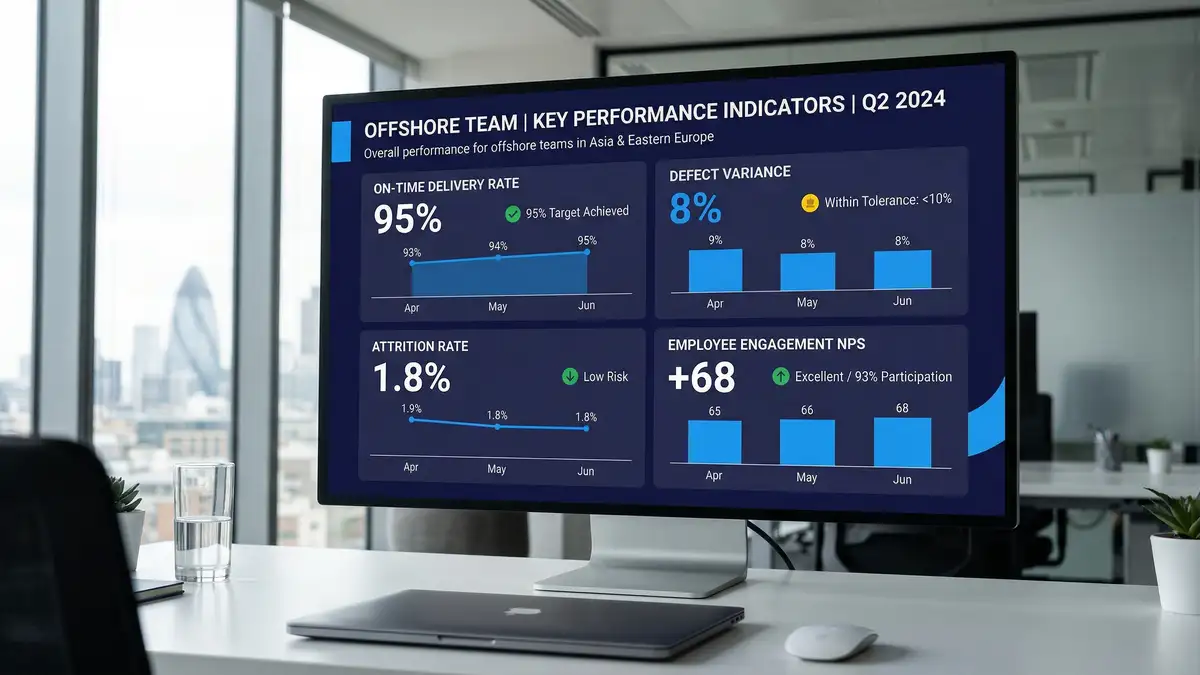 CEO dashboard display showing KPIs including 95 percent on-time delivery, 8 percent defect variance, 1.8 percent attrition, 68 NPS employee engagement