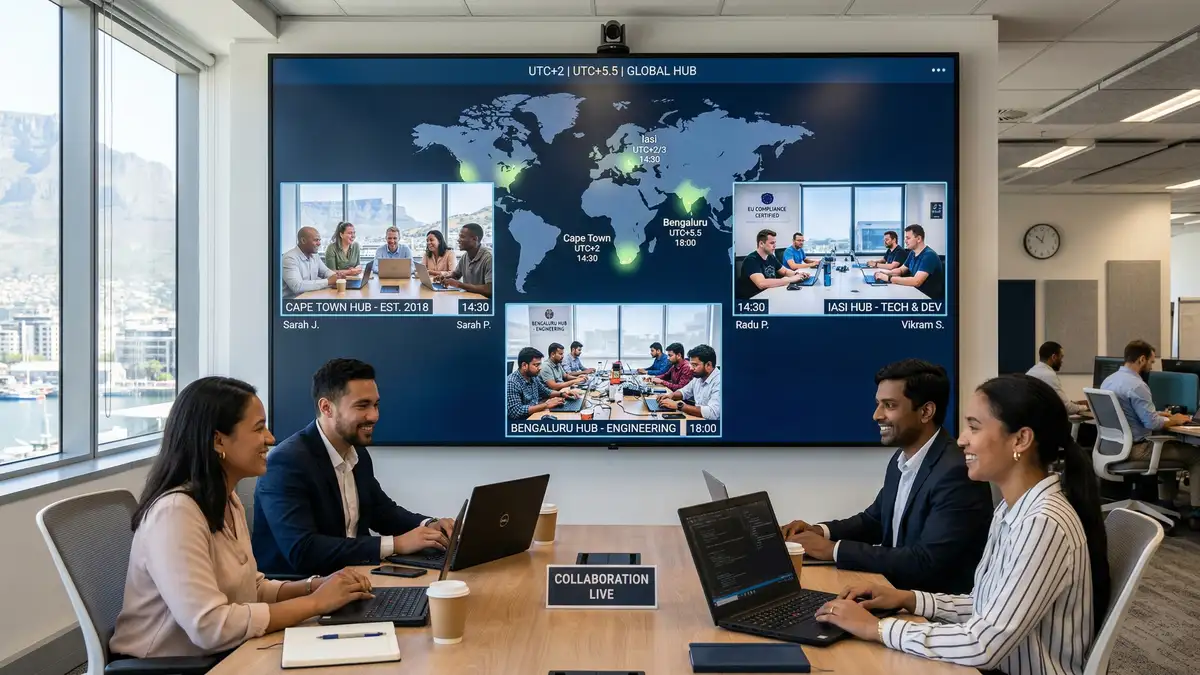 Multi-hub offshore team collaboration showing Cape Town, Iasi Romania, and Bengaluru offices connected via world map with timezone coverage
