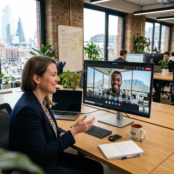 UK-based manager in London office having video call with Cape Town South Africa offshore team member, friendly and professional