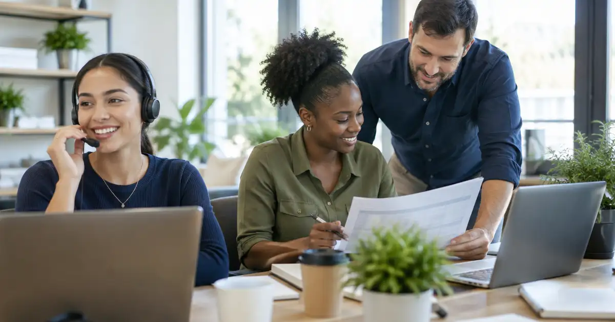 A guest services team member on a headset call while two colleagues review a booking schedule in a bright office