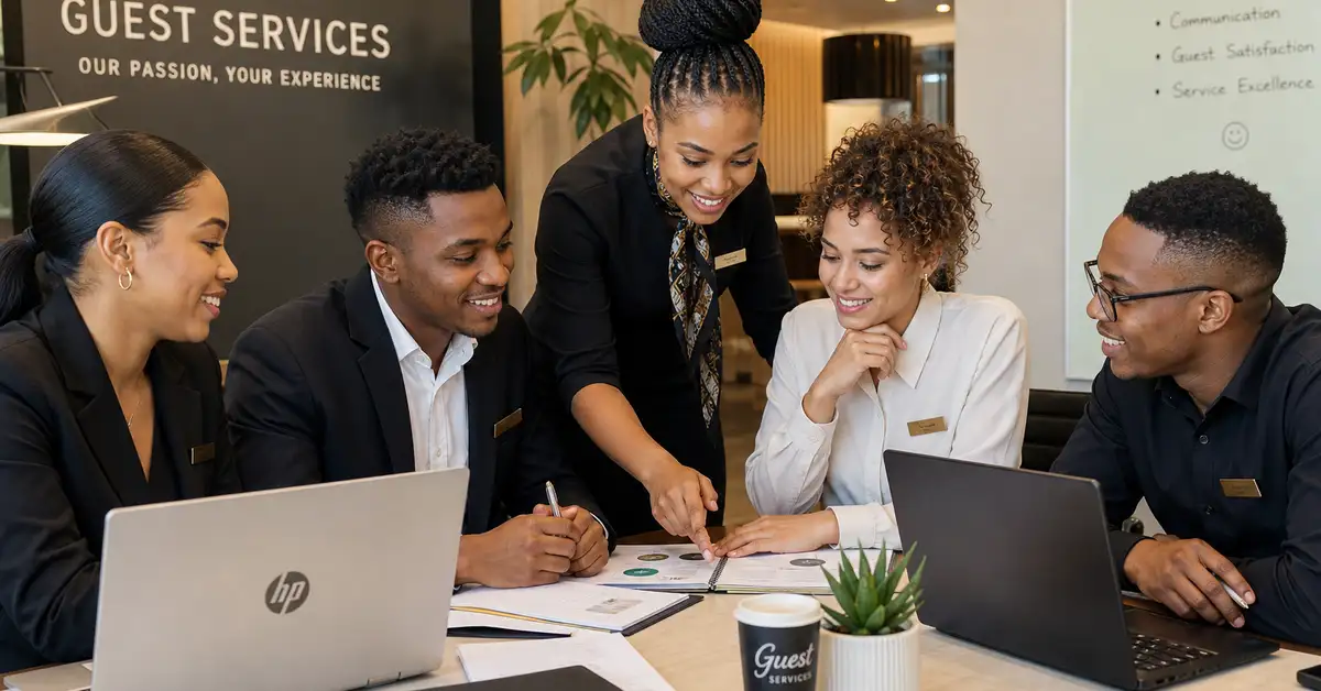 Diverse professional team members collaborating on guest services operations in a Cape Town office