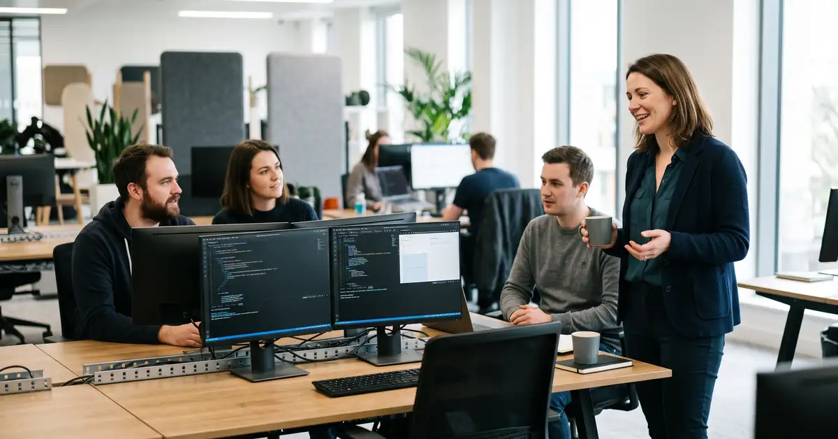 An engineering lead talking with three software engineers at their workstations during an informal stand-up