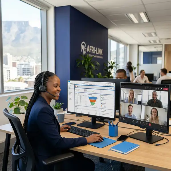Embedded offshore sales team integration showing UK and South African colleagues collaborating through shared CRM dashboards and sales pipeline tools