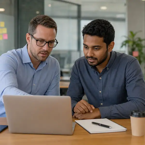 A manager and an embedded offshore team member reviewing work together at a desk, showing the hands-on control an embedded offshore team gives you