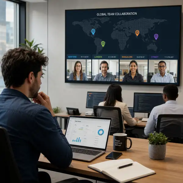Professionals in a modern office representing Potentiam's multi-hub offshore team model across South Africa, Romania, India and Brazil