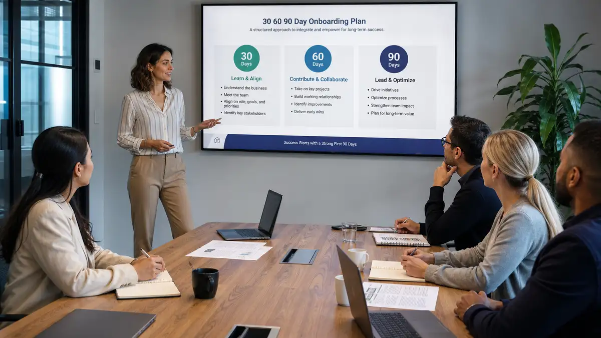 A structured 30, 60, 90 day onboarding and governance session for an embedded offshore team around a meeting table in a modern office