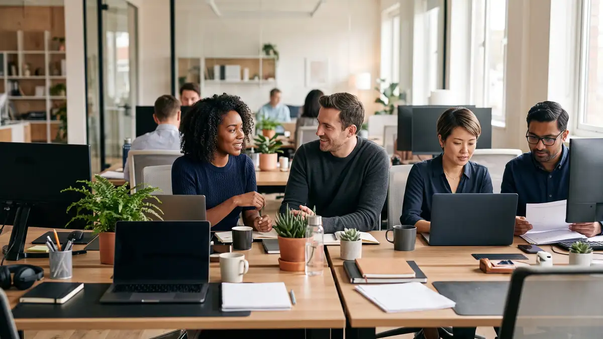 A settled team of colleagues working together at adjoining desks in a bright modern office