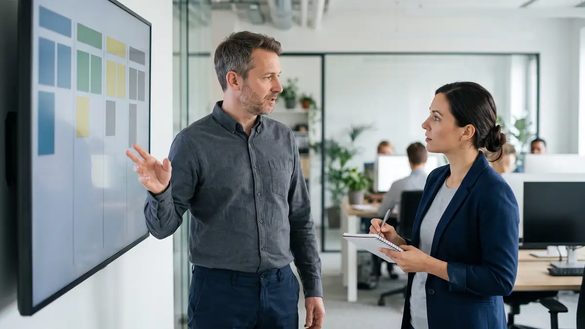 An engineering manager briefing a colleague at a wall-mounted planning board