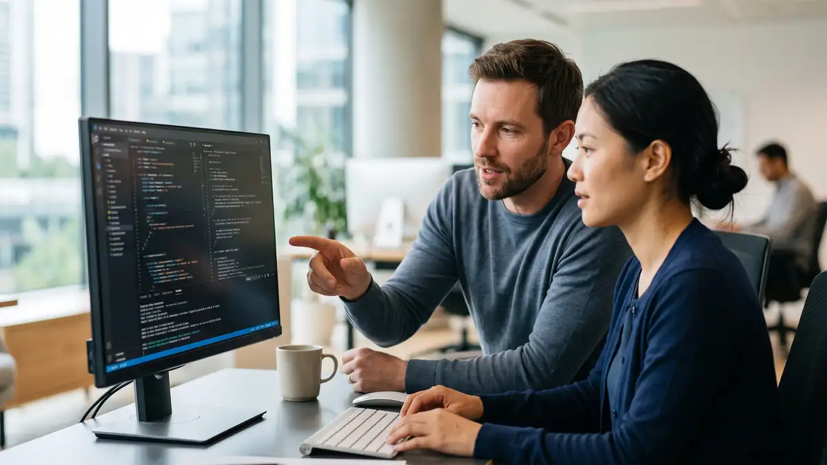 Two software engineers reviewing code together at one workstation