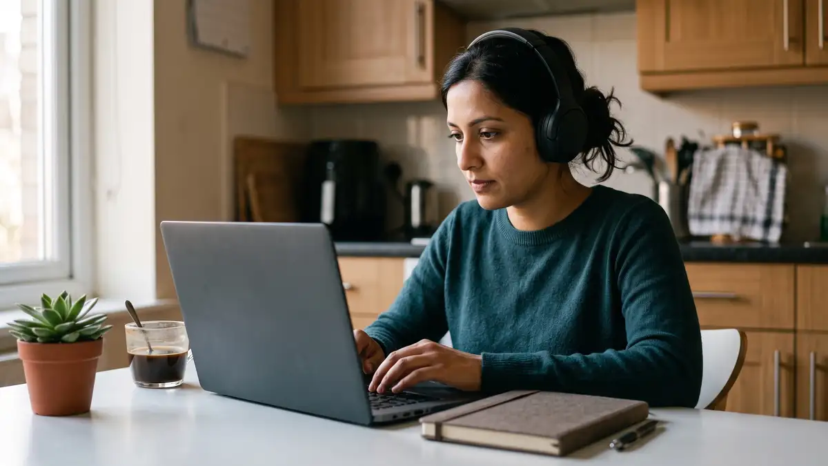 A remote employee working alone from a home kitchen table
