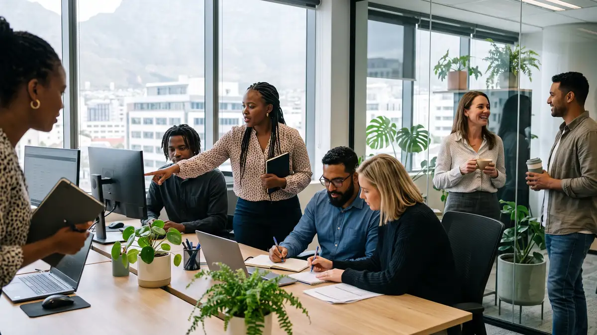 An embedded offshore team working together in a managed office with an on-site team lead and HR business partner