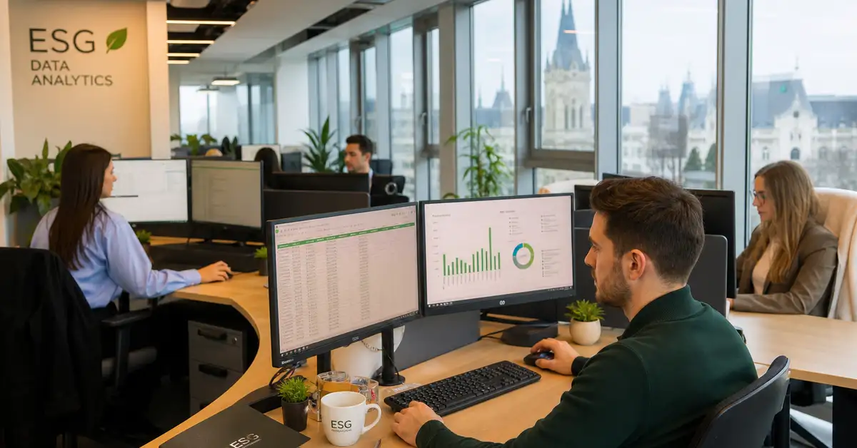 ESG data analysts working in a modern office in Iasi Romania for Evora Global