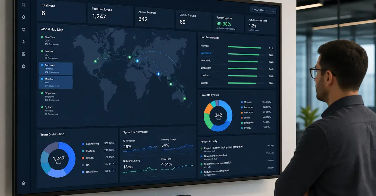 Multi-hub operations dashboard showing Romania and India teams