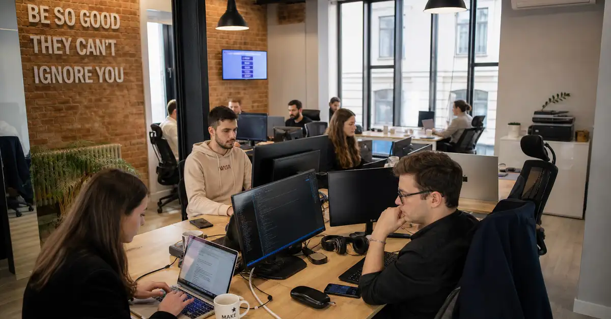 Young professionals in modern European office representing Romanian tech talent