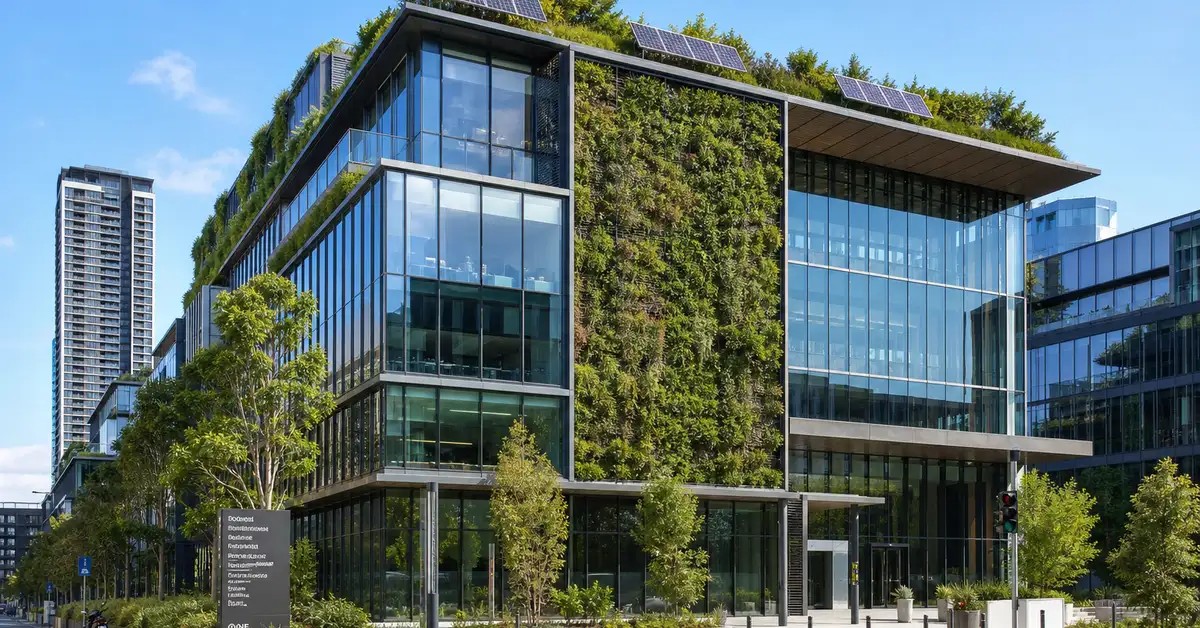 Sustainable building with green technology representing ESG real estate