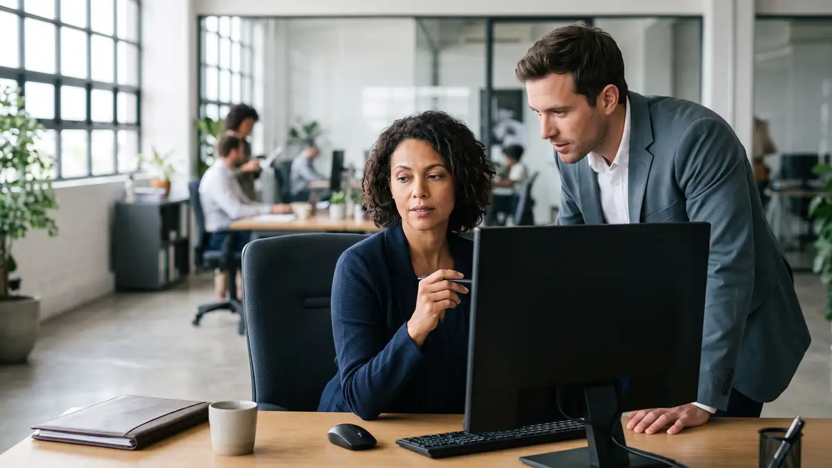 Two finance colleagues reviewing a document on screen together before approval