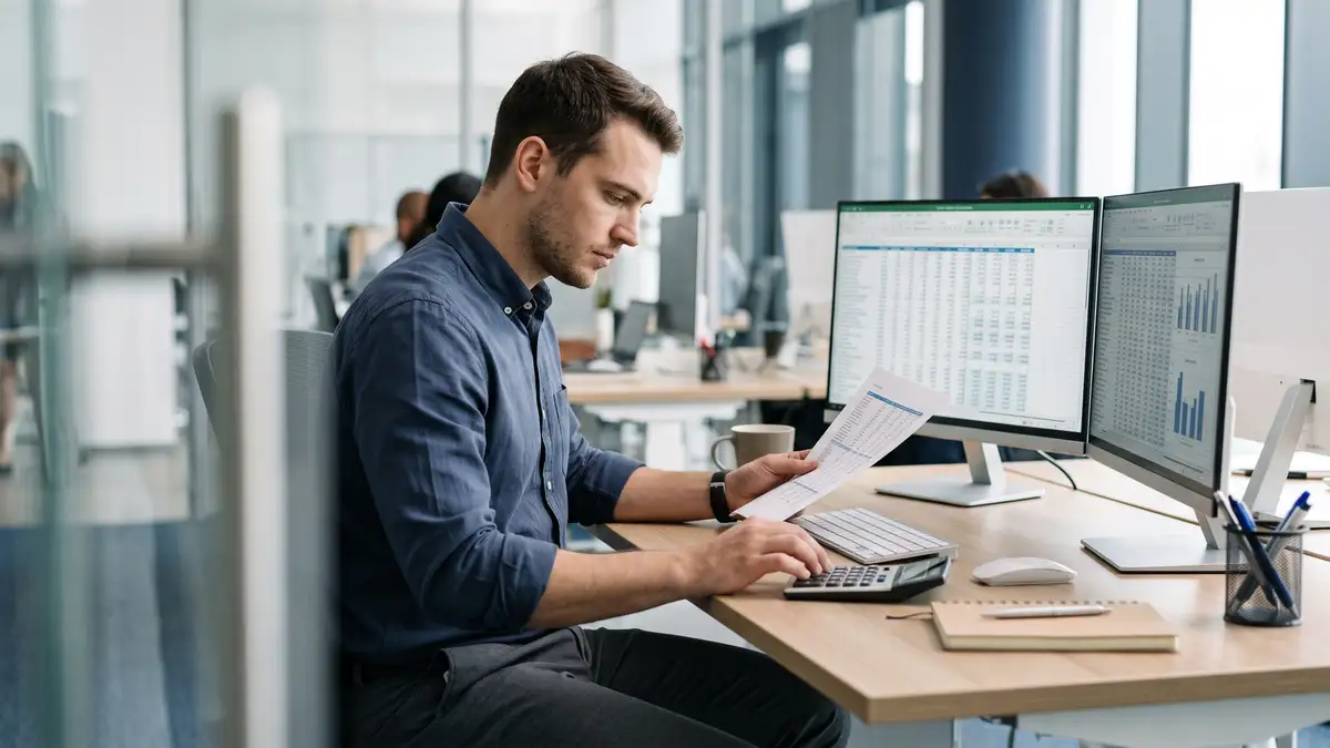 Finance assistant cross-checking a printed statement against on-screen ledger detail