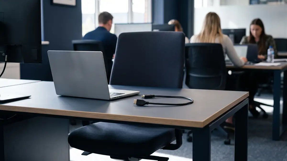 An empty desk with a closed laptop and unplugged cable, colleagues working in the background