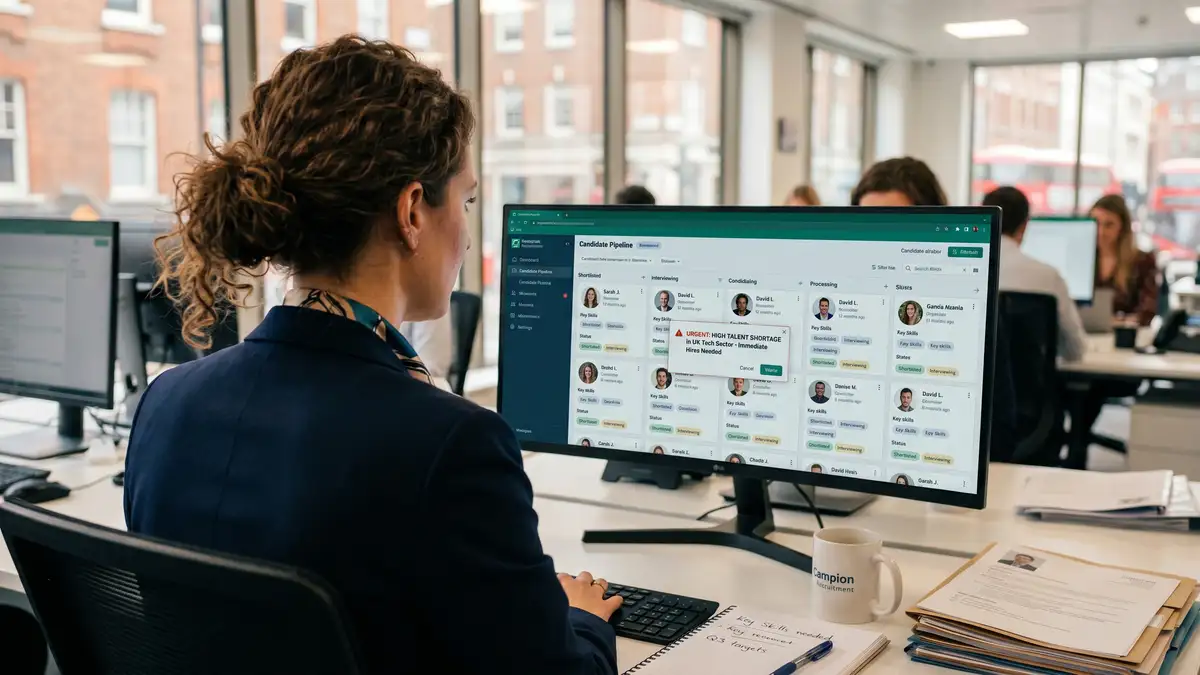 Professional recruiter reviewing candidate profiles on screen representing UK talent shortage challenges