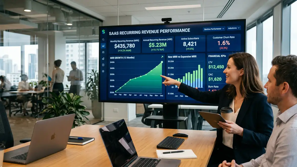 Business dashboard showing recurring revenue metrics and financial growth charts on a modern screen