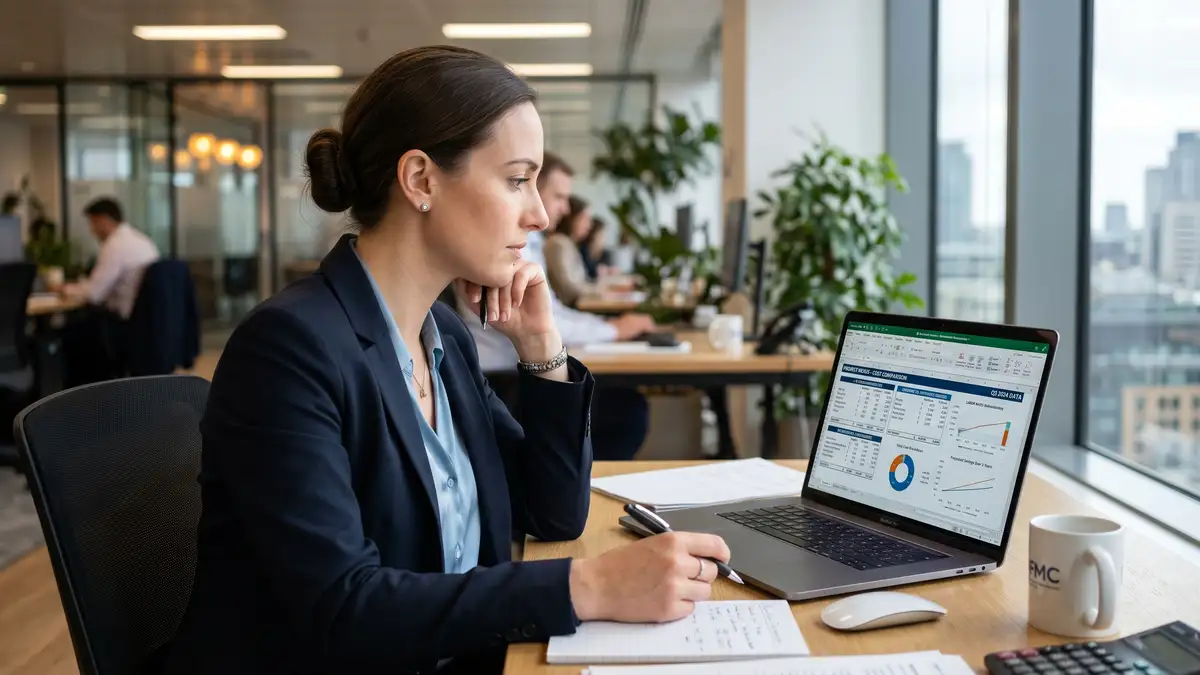 Financial analyst reviewing cost comparison data between onshore and offshore team models on laptop