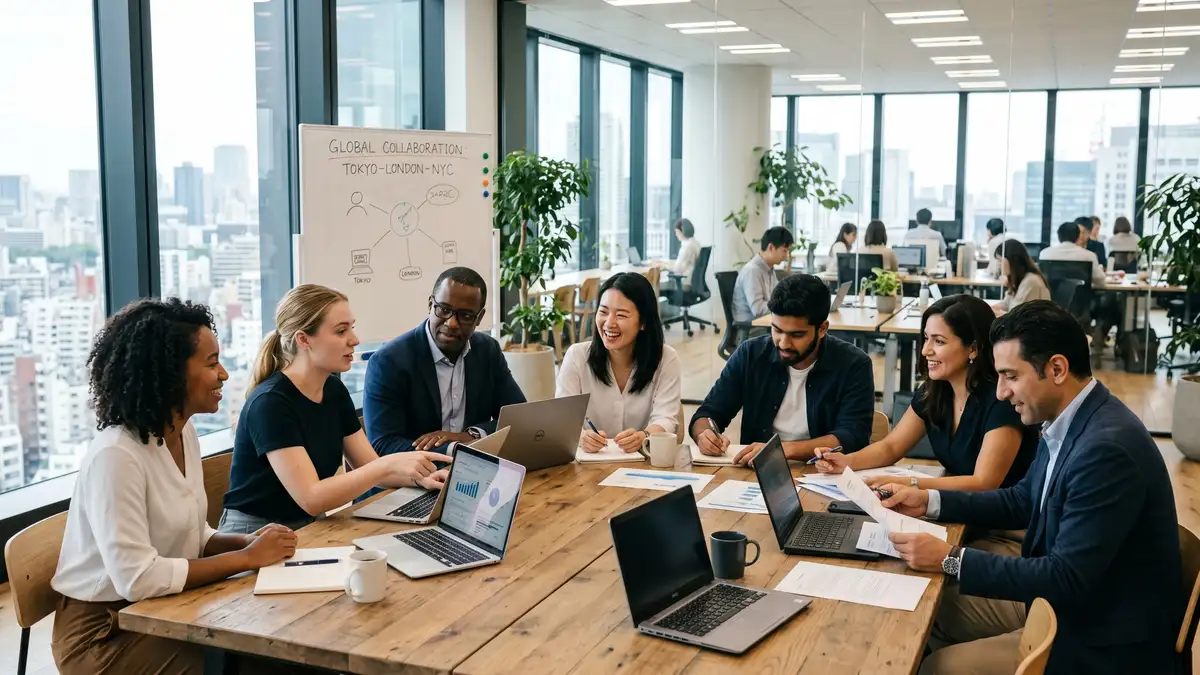 Diverse international team collaborating in a modern office environment representing multi-hub offshore operations