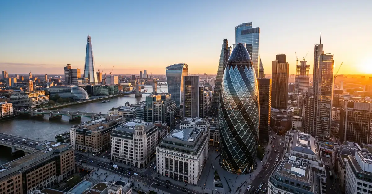 London financial district skyline with modern office buildings reflecting growth and expansion for mid-market companies