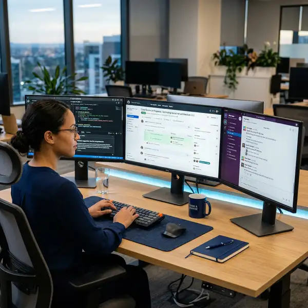 Professional using AI-powered development tools and code review dashboards for offshore team collaboration