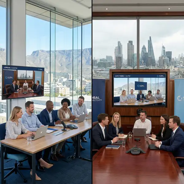 Split view of Cape Town and London offices connected by video conferencing showing embedded offshore team collaboration