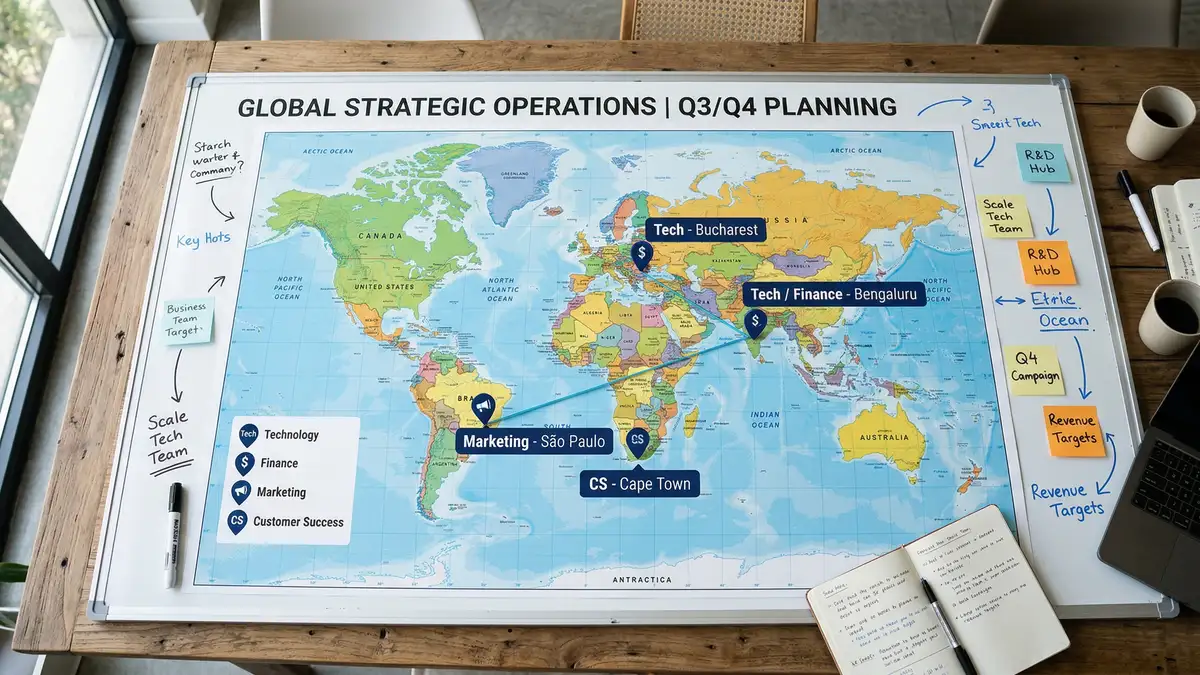 Strategic planning board mapping business functions to offshore locations in South Africa, Romania, India, and Brazil