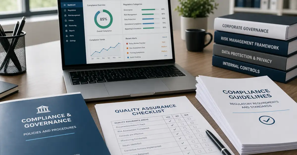 Compliance documentation and governance frameworks on a professional desk