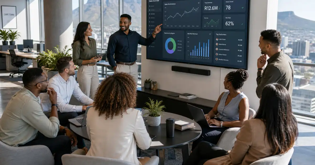 Professional sales team collaborating in a modern Cape Town office environment
